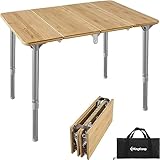 KingCamp 4 Falten Bambus Campingtisch Klapptisch Verstellbare Höhe Aluminiumrahmen 2-6 Personen