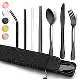 Homikit Campingbesteck, 9-teilig Tragbares Reisebesteck Outdoorbesteck, Edelstahl Camping Besteck Set Messer Gabel Löffel Essstäbchen Metallstrohhalme Reinigungsbürste, Etui & Tasche, Schwarz