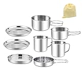 GEERTOP 8-Stück Edelstahl-Camping-Kochgeschirr Leichter Tragbarer 1-2 Personen Wandern Picknick Kochgeschirr Kochset | FDA Genehmigte Topf & Pfanne aus Aluminiu und Edelstahl