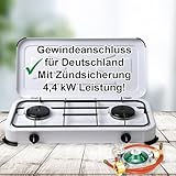 Campingkocher Gaskocher 2 flammig mit Zündsicherung inkl. Gasschlauch und Gasregler mit 360°-Manometer Gas Füllstandsanzeige und Schlauchbruchsicherung 3 4