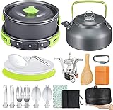 Camping Kochgeschirr Set,18-teiliges Outdoor Geschirr Set mit Faltbare Besteck Mini Campingkocher Wasserkocher für Outdoor Kochen Picknick Wandern 2-3 Personen